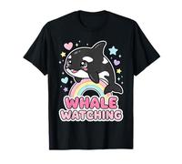 Kawaii Orca Rainbow Whale Guardando Chibi Whale Girls Maglietta