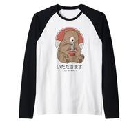 Kawaii Orso Giapponese Mangiare Ramen Noodles Anime Maglia con Maniche Raglan