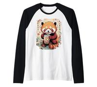 Kawaii Panda Rosso Boba Anime Giapponese Estetica Ragazze Adolescenti Maglia con Maniche Raglan