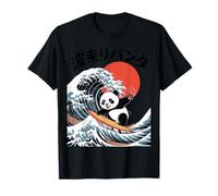 Kawaii Panda Surfing Wave Japanese Style Ocean Sunset Maglietta