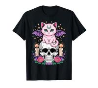 Kawaii Pastel Goth Cute Creepy Cat Floral Bat Skeleton Maglietta