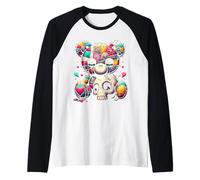 Kawaii Pastel Goth Teddy Tee - Carino Creepy Skull Anime Bear Maglia con Maniche Raglan