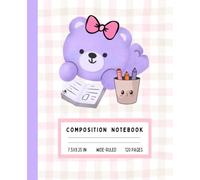 Kawaii Purple Bear Notebook - Cute Bear with Pink Bow & Crayons | Soft Pastel Gingham Composition Book for Girls | Wide Ruled, 120 Pages, 7.5 x 9.25 ... Journal for Creative Kids, Girls & Artists