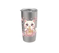 Kawaii Ramen Cat Cherry Blossom Sakura Anime Giapponese Merch Bicchiere termico in acciaio inox doppia parete