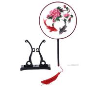 Kawaii-Story F-051 Tradizionale rotondo ricamato tessuto cinese ventaglio manico in legno nappa, decorazione scomparti supporto, accessori canapa fiori pesci