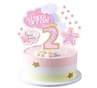 Kawailay 2 decorazioni per torte di compleanno, per ragazze, 2 pezzi, Happy Birthday, arcobaleno, per torte, nuvole, stelle, coperchio per ragazze, rosa