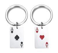 Kawailay 2 portachiavi a forma di carte da gioco, in acciaio inox, portachiavi per feste a tema, per uomini e donne, nero e rosso, Argento