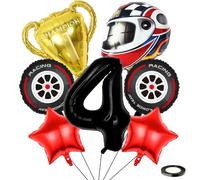 Kawailay 4 anni auto da corsa compleanno palloncini 4° auto da corsa compleanno decorazione corsa 4° compleanno palloncini trofei casco, palloncino nero numero 4 palloncini per ragazzo compleanno