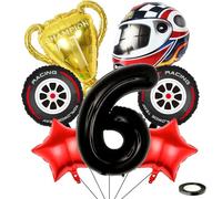 Kawailay 6 anni auto da corsa compleanno palloncini 6° auto da corsa compleanno decorazione gara 6° compleanno palloncini trofei casco, palloncino nero numero 6 palloncini per ragazzo compleanno festa