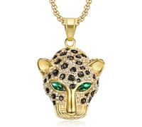 Kawailay Collana con testa di leopardo con strass, con ciondolo a forma di leopardo, collana in oro da uomo e da donna, con occhi verdi