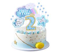 Kawailay Decorazione per torta di compleanno, 2 pezzi, per compleanno, decorazione per torte, Happy Birthday, arcobaleno, decorazione per torte, motivo nuvole stelle coperchio bambini compleanno, blu