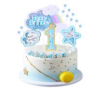 Kawailay Decorazione per Torta di Compleanno - Happy Birthday, Arcobaleno, Motivo Nuvole, Stelle - Coperchio per Bambini, 1° Compleanno, Blu
