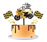 Kawailay Decorazione per torta per moto decorazione per torta in acrilico decorazione torta Happy Birthday topper con stella glitterata e striscione per uomini ragazzi appassionati moto compleanno oro