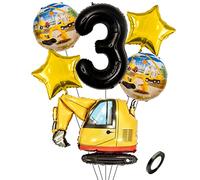Kawailay Escavatore, decorazione per compleanno, 3 anni, 3 anni, decorazione per il compleanno, colore nero, numero 3, palloncini per escavatori, palloncini a elio, per ragazzi e feste di compleanno