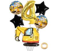 Kawailay Escavatore, decorazione per compleanno, 4 anni, 4, per cantiere, compleanno, decorazione oro, numero 4, palloncini per escavatori, palloncini a elio, per ragazzi e feste di compleanno
