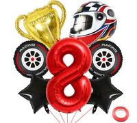 Kawailay Palloncini baudruche 8 anni compleanno auto gara palloncini corsa 8° compleanno grande casco ruota pneumatico trofeo palla rossa numero 8 palla per festa di compleanno ragazzi
