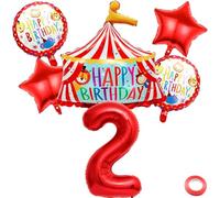 Kawailay Palloncini di compleanno del circo, decorazione per il 2° compleanno, tenda da circo, 2° compleanno, palloncino rotondo in pellicola rossa con numero 2, per ragazze e ragazzi