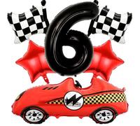 Kawailay Palloncini per compleanno con auto da corsa per 6° compleanno, decorazione per 6° compleanno, palloncini decorativi con bandiera nera con numero 6, palloncini per feste di compleanno di