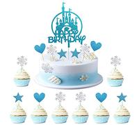Kawailay Set di 31 decorazioni per torte con glitter, con scritta "Happy Birthday", con fiocchi di neve, a forma di cuore stella, per bambini, ragazze, ragazzi, compleanni, Natale, feste, blu