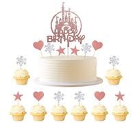 Kawailay Set di 31 decorazioni per torte con glitter, con scritta "Happy Birthday", con fiocchi di neve, a forma di cuore, stella per bambini, compleanno, Natale, feste, oro rosa