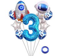 Kawailay Set di palloncini astronauti per compleanno, decorazione 3 anni, astronauti razzi, in pellicola, blu, numero 3, palloncini in alluminio, per bambini, ragazzi, ragazze, compleanni, feste