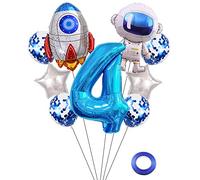 Kawailay Set di palloncini astronauti per compleanno, decorazione 4 anni, astronauti razzi, in pellicola, blu, numero 4, palloncini in alluminio, per bambini, ragazzi, ragazze, compleanni, feste