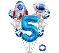 Kawailay Set di palloncini astronauti per compleanno, decorazione per 5 anni, astronauti razzi, in pellicola, blu, numero 5, palloncini in alluminio, per bambini, ragazzi, ragazze, compleanni, feste