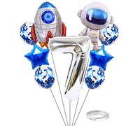 Kawailay Set di palloncini con astronauti per compleanno, 7 anni, astronauti a razzo, in pellicola, argento, numero 7, palloncini in alluminio, per bambini, ragazzi, ragazze, compleanni, feste