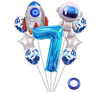 Kawailay Set di palloncini con astronauti per compleanno, 7 anni, astronauti a razzo, in pellicola, blu, numero 7, palloncini in alluminio, per bambini, ragazzi, ragazze, compleanni, feste