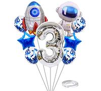 Kawailay Set di palloncini con astronauti per compleanno, decorazione 3 anni, astronauti a razzo, in pellicola, argento, numero 3, palloncini in alluminio, per bambini, ragazzi, ragazze, compleanni