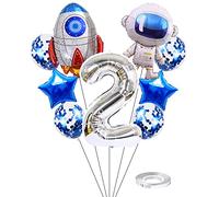 Kawailay Set di palloncini con astronauti per compleanno, decorazione per 2 anni, astronauti a razzo, in pellicola, argento, numero 2, palloncini in alluminio per bambini ragazzi, ragazze, compleanni