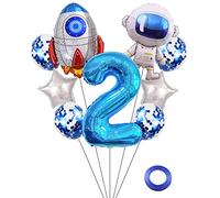 Kawailay Set di palloncini con astronauti per compleanno, decorazione per 2 anni, astronauti a razzo, in pellicola, blu, numero 2, palloncini in alluminio, per bambini, ragazzi, ragazze, compleanni