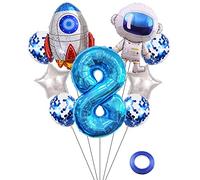 Kawailay Set di palloncini con astronauti per compleanno, decorazione per 8 anni, astronauti a razzo, in pellicola, blu, numero 8, palloncini in alluminio, per bambini, ragazzi, ragazze, compleanni