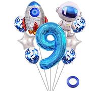 Kawailay Set di palloncini con astronauti per compleanno, decorazione per 9 anni, astronauti, razzi, blu, numero 9, palloncini in alluminio, per bambini, ragazzi, ragazze, compleanni, feste