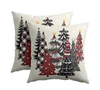 Kawani, copricuscini natalizi con albero di Natale, 45 x 45 cm - 2 pezzi, a quadri scozzesi neri e rossi, in cotone e lino, per divano, letto, poltrona, camera da letto, auto, soggiorno