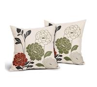 Kawani Set di 2 federe per cuscini da esterno, motivo floreale verde militare, colore rosso henné, per primavera, estate, foglie nere, in lino, quadrate, regali per casa, patio, divano