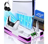 Kawaye Stazione di raffreddamento per PS5 per PS5/console sottile, per accessori PS5 Supporto verticale con caricatore doppio controller Incl.3 livelli ventola di raffreddamento, luce RGB, custodie