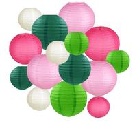 KAXIXI 15 lanterne di carta rosa e verdi, assortite, decorazioni rotonde da appendere, 15 cm, 20 cm, per compleanno, baby shower, addio al nubilato a tema strega e feste estive