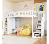 Kayan Letto a soppalco per bambini, 90 x 200 cm, letto a castello con scala portaoggetti, scaffali, armadio pieghevole, spazio libero sotto il letto per mascherare, ringhiera a forma di amore, bianco