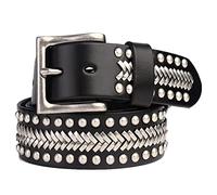 KazeRyu Cintura In Pelle Di Mucca Con Borchie In Metallo Argentato - Unisex Gothic Punk Rock, Realizzata A Mano Rivetti Perline Quadrate For Jeans E Pantaloni(Studded~d,105cm/waist:34"~36")