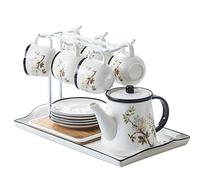 KazeRyu Set Da Tè Pomeridiano Con Teiera - 6 Tazze Da Caffè In Ceramica E Piattini, Espositore Porta Tazze Bianco