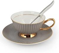 KazeRyu Set Di Tazze Da Tè E Caffè In Ceramica Con Piattino E Cucchiaino - 200 Ml, Grigio - Perfetto For La Famiglia, L'uso Al Ristorante E Come Regalo