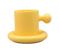 KazeRyu Set Di Tazze E Piattini In Ceramica Chubby - Tazza Da Tè Gialla Da 300 Ml For Caffè E Bevande For Feste