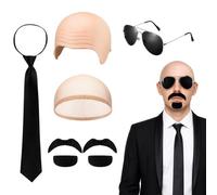 KAZGVN Bald Cap, set di 6 costumi di Halloween per eventi musicali e feste in costume, include berretto per cuoio capelluto, rete per capelli, occhiali, due set di baffi e cravatta per una rapida