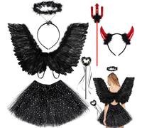 KAZGVN Costume da angelo, costume di Halloween da donna, set di 6 costumi di carnevale con gonna con ali d'angelo, aureola, bastone dell'amore, corna da diavolo, fascia per capelli, forchetta da