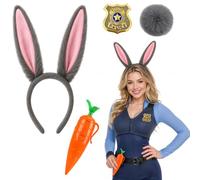 KAZGVN Costume da coniglio grigio rosa 4 pezzi con distintivo della polizia | Cerchietto con orecchie da coniglio, coda soffice, accessori per badge della polizia, abbigliamento per feste a tema