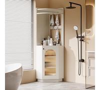 KAZZIO Armadietto da bagno con barra luminosa, mobili da bagno, mobile angolare con vano portaoggetti, scomparto aperto con gancio, con ripiani regolabili, 45 x 45 x 166,6 cm (bianco)