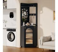 KAZZIO Armadietto da bagno con barra luminosa, mobili da bagno, mobile angolare con vano portaoggetti, scomparto aperto con gancio, con ripiani regolabili, 45 x 45 x 166,6 cm (nero)