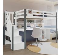 KAZZIO Letto a mezza altezza, 90 x 200 cm, con contenitore in tessuto, ampio spazio di archiviazione, con scala laterale, scaffale aperto, letto per ragazzi con scrivania e armadietti, pino+MDF