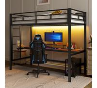 KAZZIO Letto a soppalco, 90 x 200 cm, ringhiera, scala a pioli, tavolo con USB e presa, Wire Control Light Strip, luce ambientale controllata da app, conforme a EN747, senza materasso, metallo (nero)
